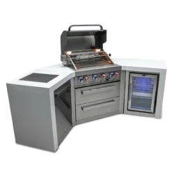 Mont Alpi 400 Deluxe BBQ Grill Island With 45 Degree Corners & Fridge Cabinet - MAi400-D45FC -Elite Patio Direct Shop mai400 d45fcsideopen