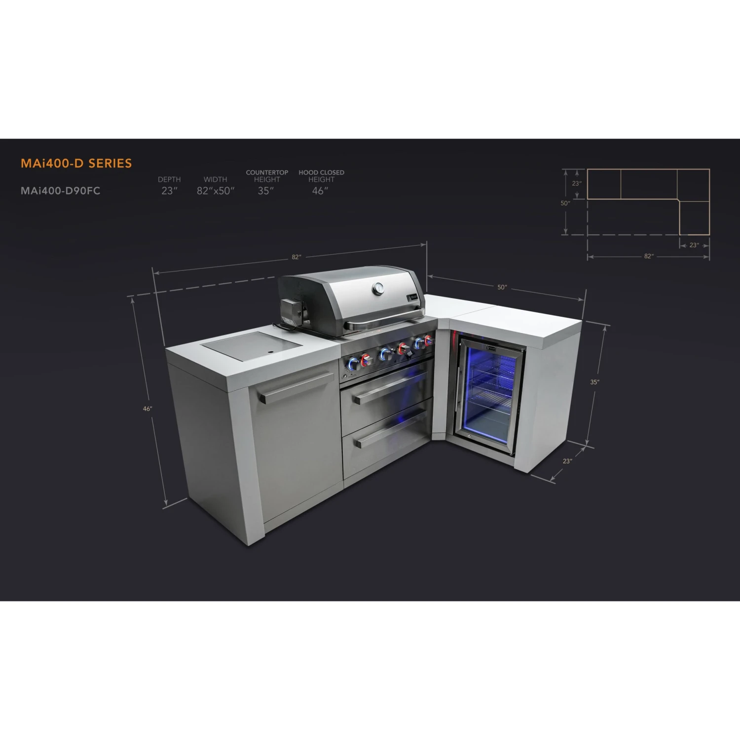 Mont Alpi 400 Deluxe BBQ Grill Island with 90 Degree Corner & Fridge Cabinet - MAi400-D90FC Mont Alpi 400 Deluxe BBQ Grill Island With 90 Degree Corner & Fridge Cabinet - MAi400-D90FC -Elite Patio Direct Shop mai400 d90fcdimensions scaled