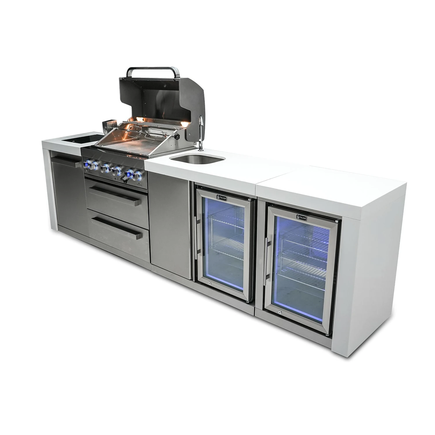 Mont Alpi 400 Deluxe BBQ Grill Island with Beverage Center & Fridge - MAi400-DBEVFC Mont Alpi 400 Deluxe BBQ Grill Island With Beverage Center & Fridge - MAi400-DBEVFC -Elite Patio Direct Shop mai400 dbevfcside2open