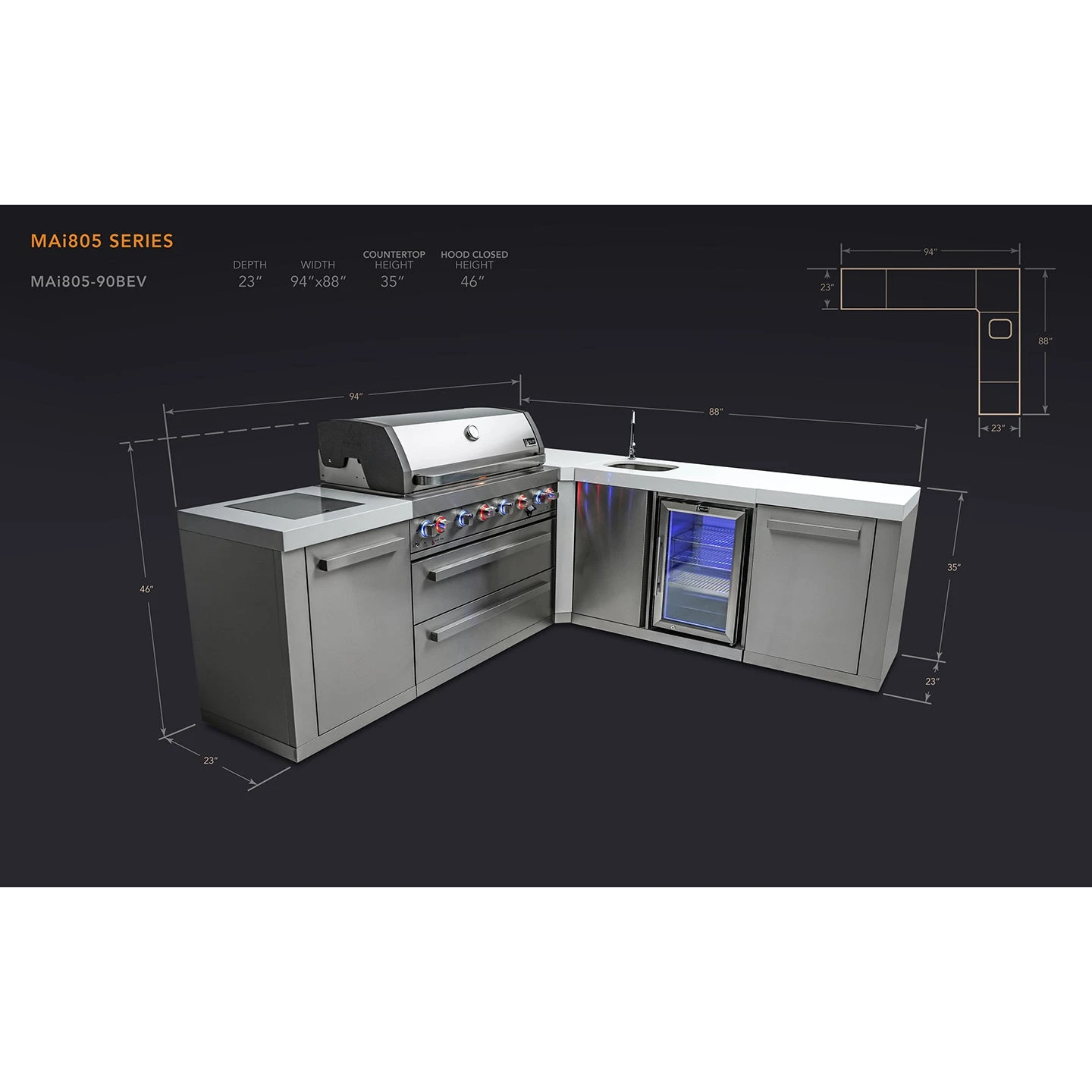 Mont Alpi 805 BBQ Grill Island with 90 Degree Corner & Beverage Center - MAi805-90BEV Mont Alpi 805 BBQ Grill Island With 90 Degree Corner & Beverage Center - MAi805-90BEV -Elite Patio Direct Shop mai805 90bevdimensions