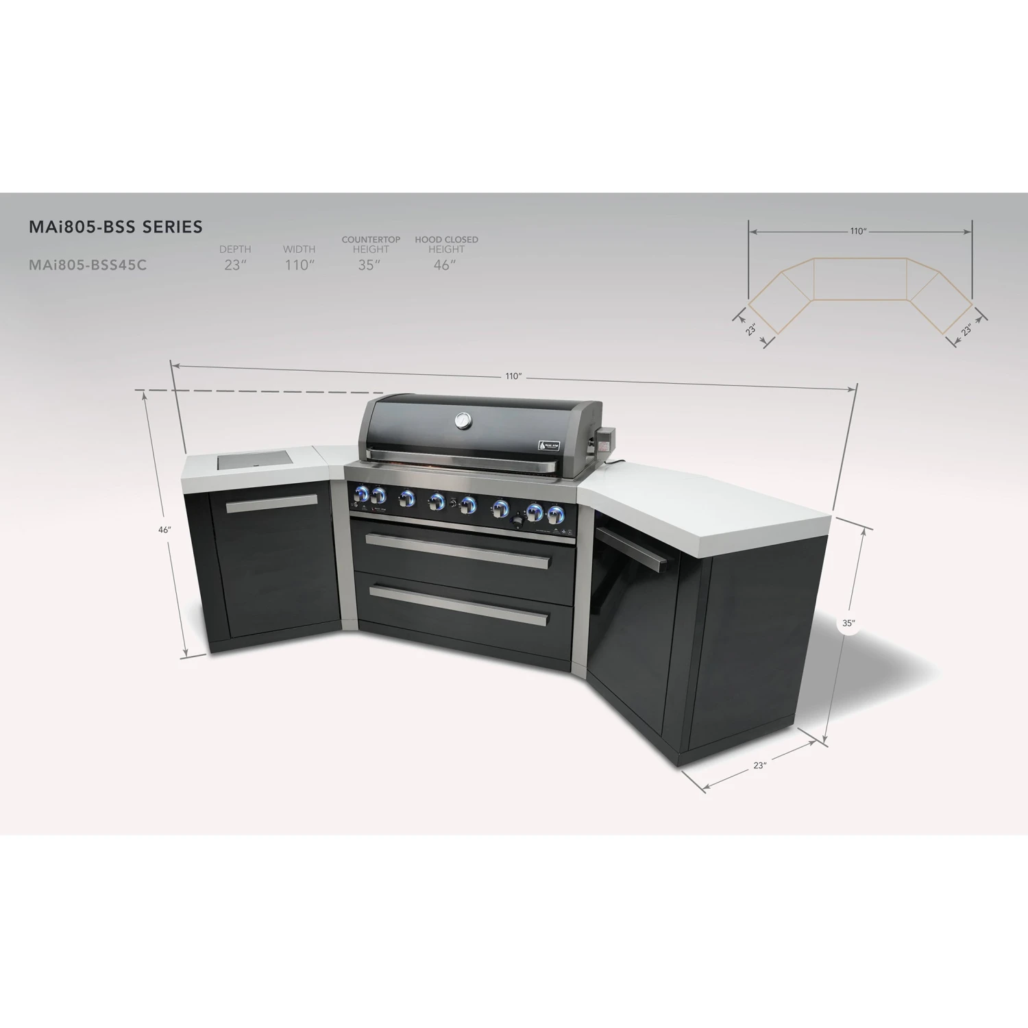 Mont Alpi 805 Black Stainless Steel BBQ Grill Island with 45 Degree Corners - MAi805-BSS45C Mont Alpi 805 Black Stainless Steel BBQ Grill Island With 45 Degree Corners - MAi805-BSS45C -Elite Patio Direct Shop mai805 bss45cdimensions