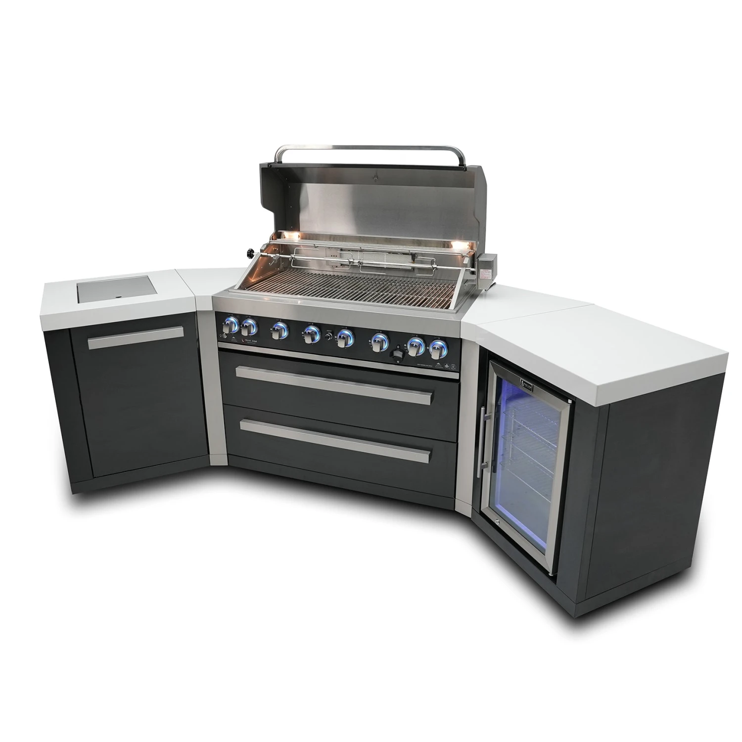 Mont Alpi 805 Black Stainless Steel BBQ Grill Island with 45 Degree Corners & Fridge - MAi805-BSS45FC Mont Alpi 805 Black Stainless Steel BBQ Grill Island With 45 Degree Corners & Fridge - MAi805-BSS45FC -Elite Patio Direct Shop mai805 bss45fc