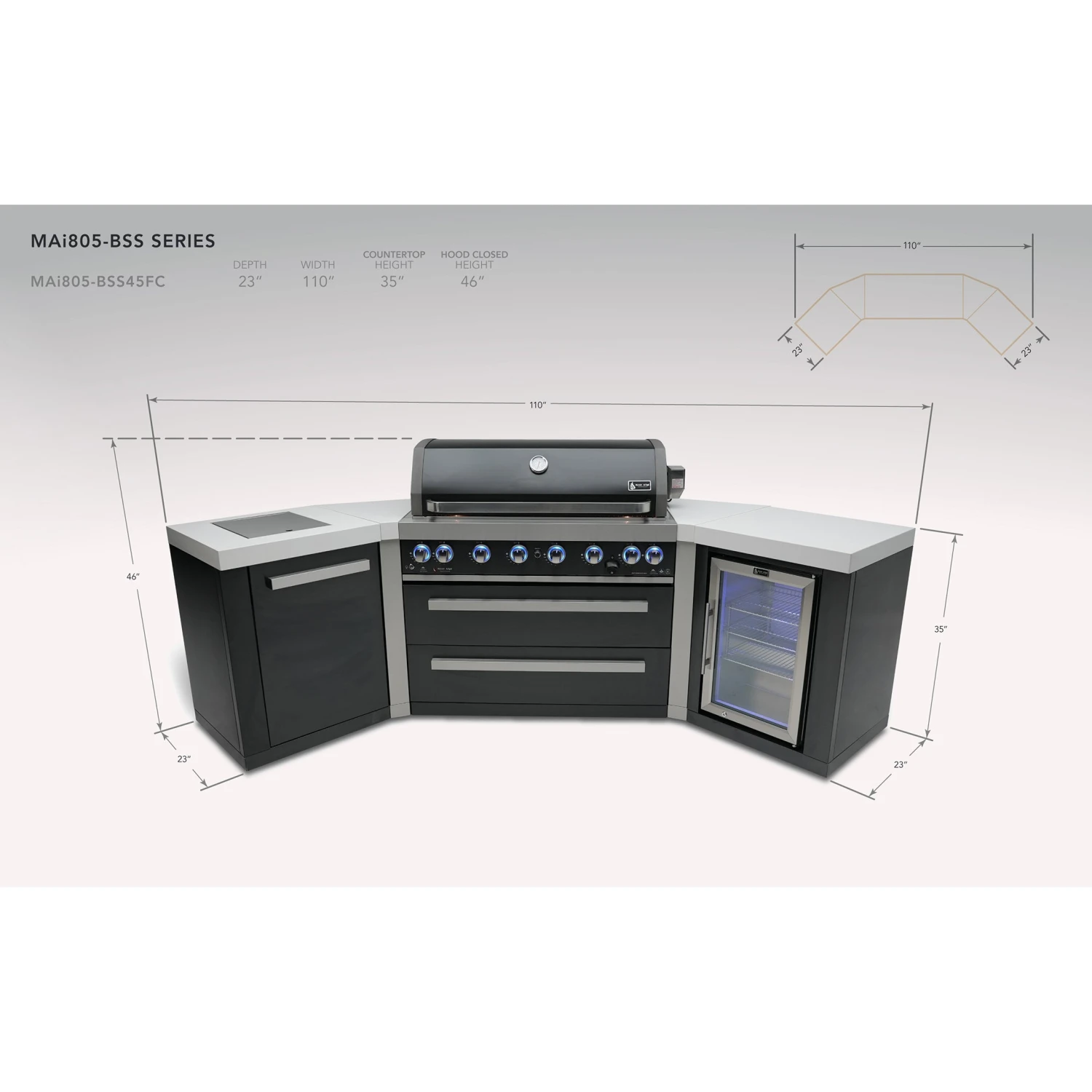 Mont Alpi 805 Black Stainless Steel BBQ Grill Island with 45 Degree Corners & Fridge - MAi805-BSS45FC Mont Alpi 805 Black Stainless Steel BBQ Grill Island With 45 Degree Corners & Fridge - MAi805-BSS45FC -Elite Patio Direct Shop mai805 bss45fcdimensions