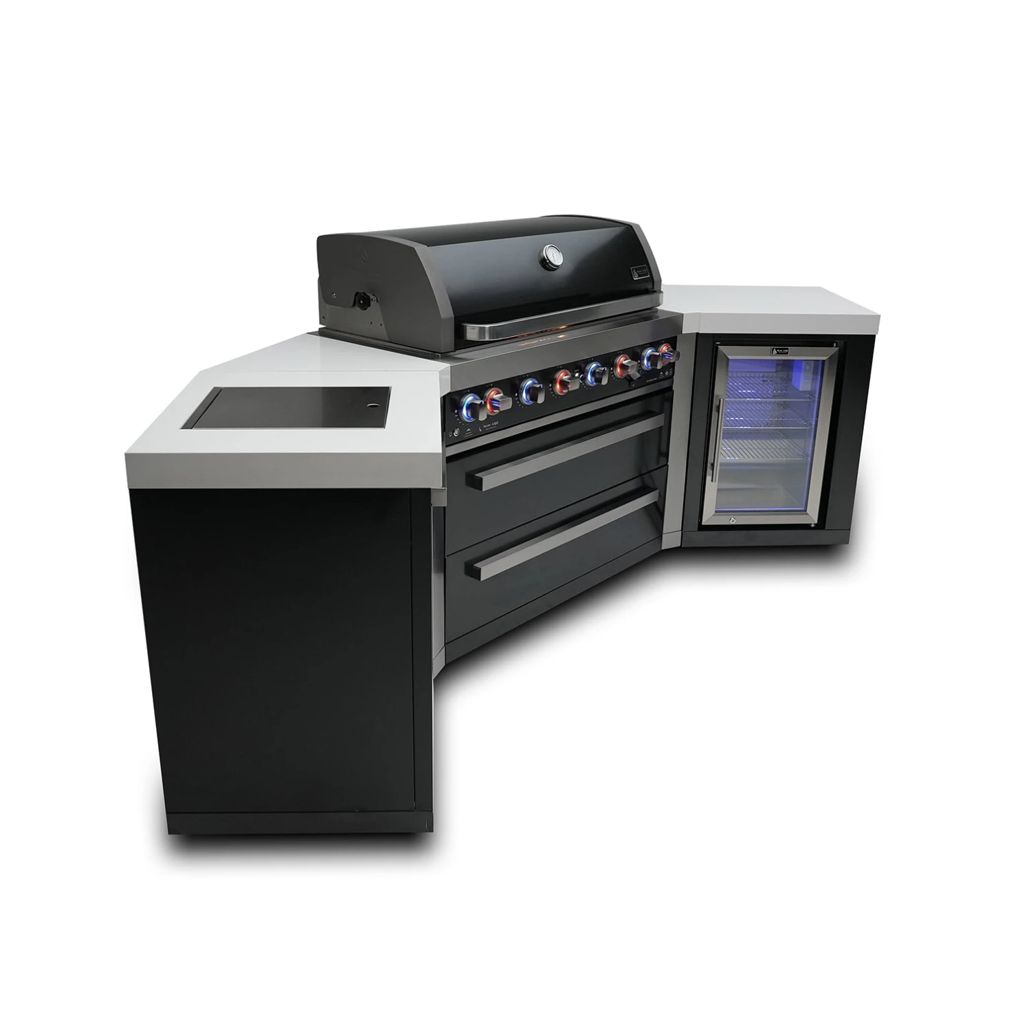 Mont Alpi 805 Black Stainless Steel BBQ Grill Island with 45 Degree Corners & Fridge - MAi805-BSS45FC Mont Alpi 805 Black Stainless Steel BBQ Grill Island With 45 Degree Corners & Fridge - MAi805-BSS45FC -Elite Patio Direct Shop mai805 bss45fcside