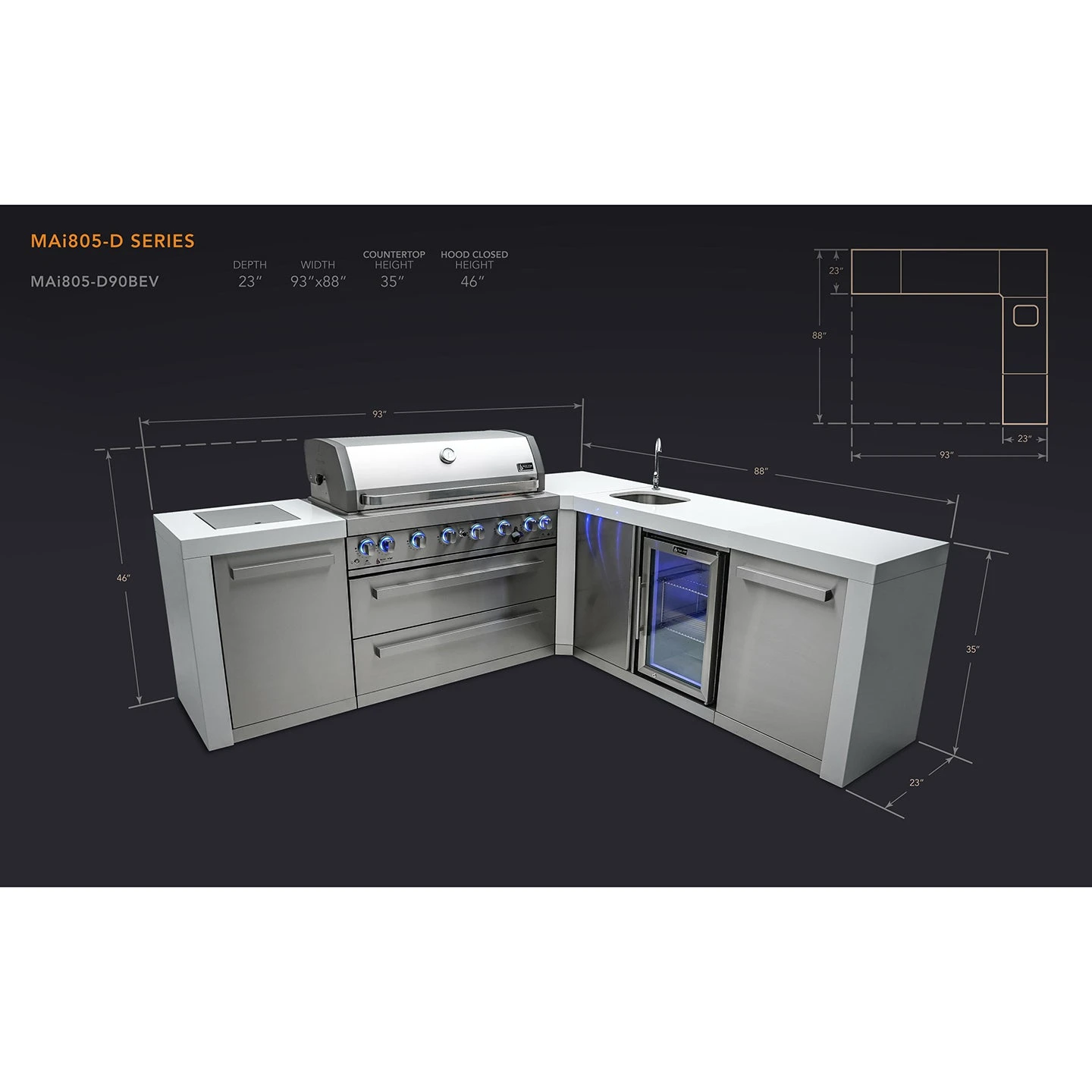 Mont Alpi 805 Deluxe BBQ Grill Island with 90 Degree Corner & Beverage Center - MAi805-D90BEV Mont Alpi 805 Deluxe BBQ Grill Island With 90 Degree Corner & Beverage Center - MAi805-D90BEV -Elite Patio Direct Shop mai805 d90bevdimensions