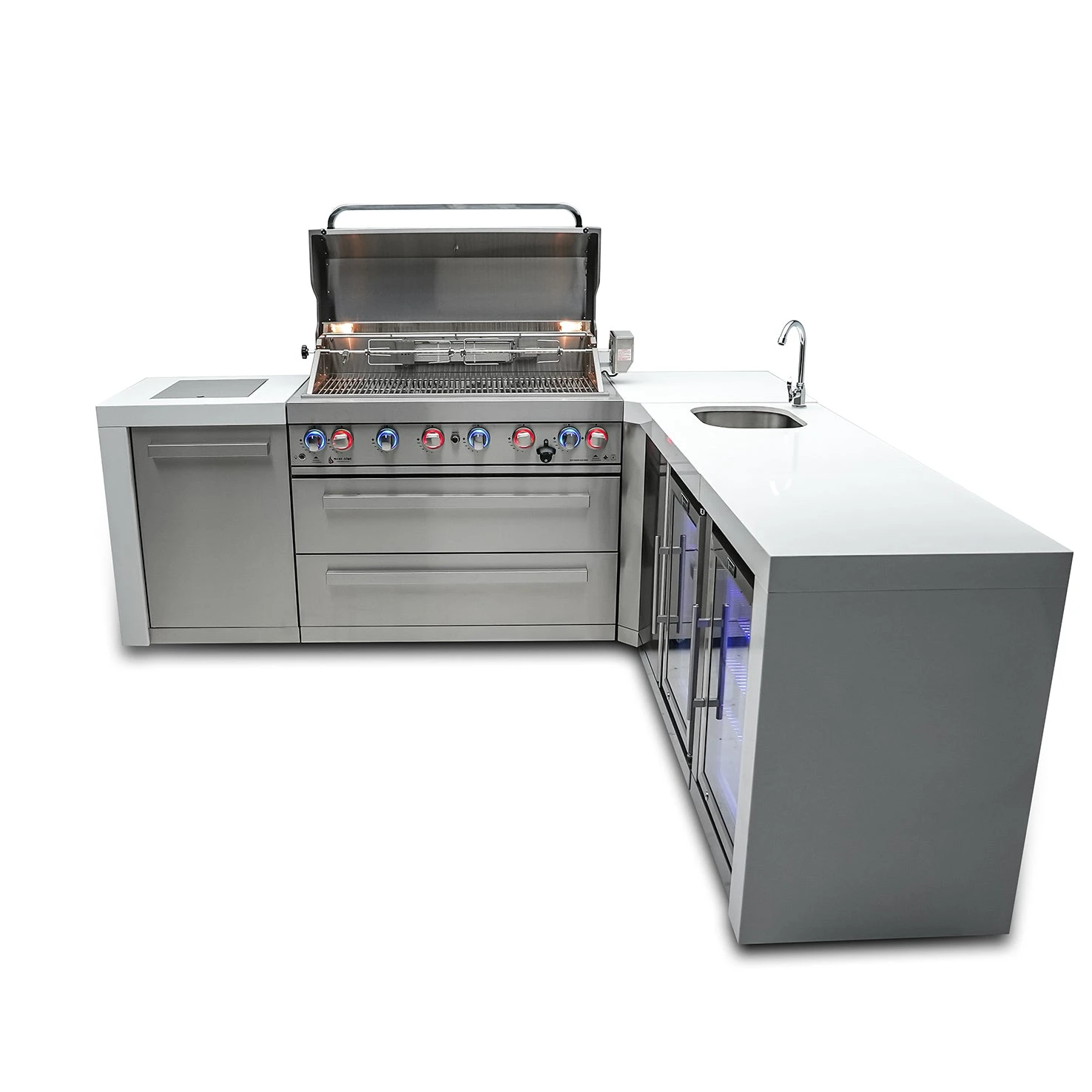 Mont Alpi 805 Deluxe BBQ Grill Island with 90 Degree Corner Beverage Center & Fridge - MAi805-D90BEVFC Mont Alpi 805 Deluxe BBQ Grill Island With 90 Degree Corner Beverage Center & Fridge - MAi805-D90BEVFC -Elite Patio Direct Shop mai805 d90bevfcfrontopen