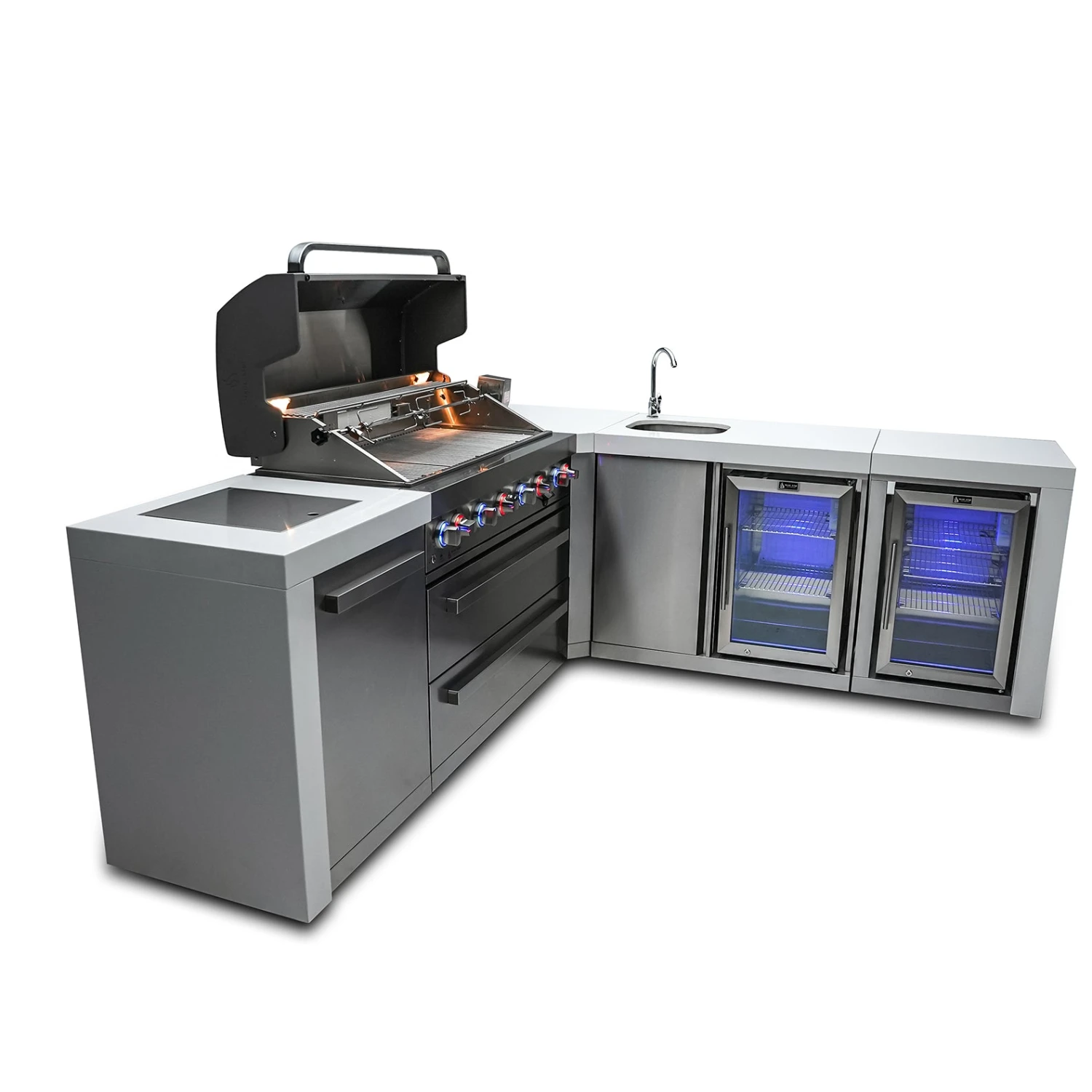 Mont Alpi 805 Deluxe BBQ Grill Island with 90 Degree Corner Beverage Center & Fridge - MAi805-D90BEVFC Mont Alpi 805 Deluxe BBQ Grill Island With 90 Degree Corner Beverage Center & Fridge - MAi805-D90BEVFC -Elite Patio Direct Shop mai805 d90bevfcsideopen