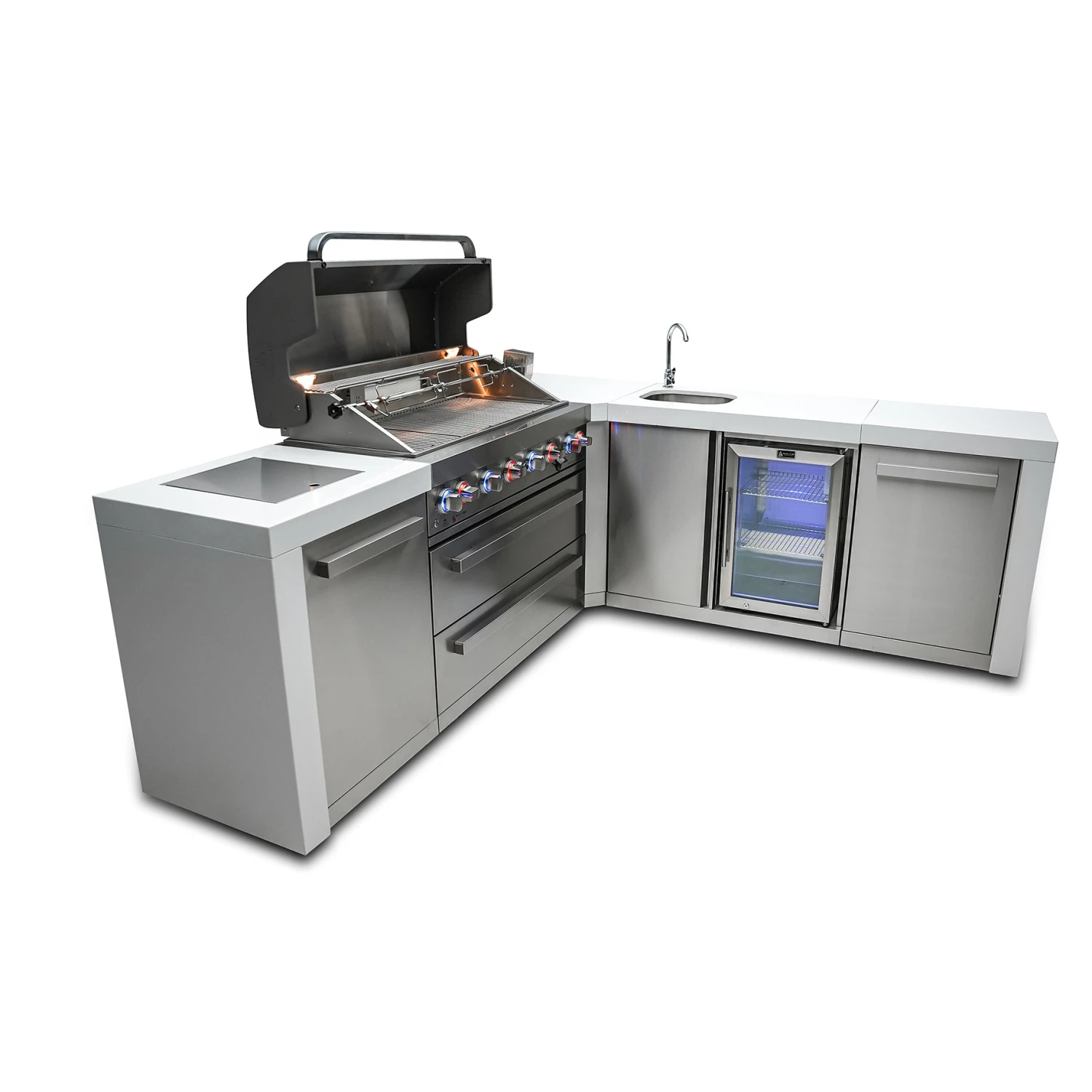 Mont Alpi 805 Deluxe BBQ Grill Island with 90 Degree Corner & Beverage Center - MAi805-D90BEV Mont Alpi 805 Deluxe BBQ Grill Island With 90 Degree Corner & Beverage Center - MAi805-D90BEV -Elite Patio Direct Shop mai805 d90bevheroopen