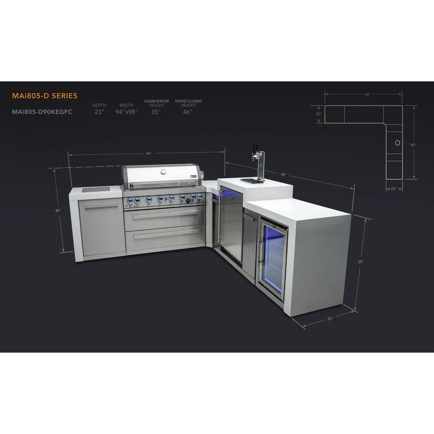 Mont Alpi 805 Deluxe BBQ Grill Island with 90 Degree Corner, Kegerator & Fridge Cabinet - MAi805-D90KEGFC Mont Alpi 805 Deluxe BBQ Grill Island With 90 Degree Corner, Kegerator & Fridge Cabinet - MAi805-D90KEGFC -Elite Patio Direct Shop mai805 d90kegfcdimensions scaled