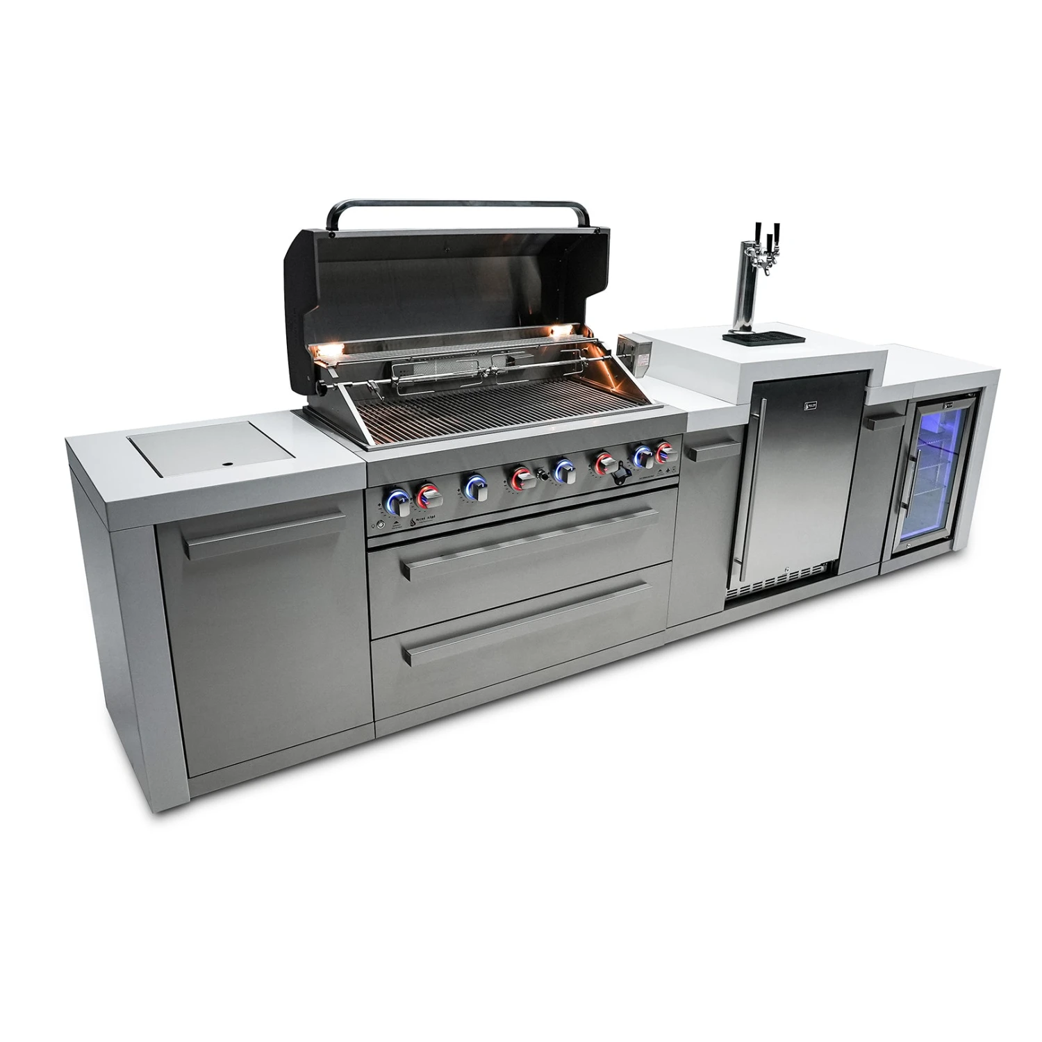 Mont Alpi 805 Deluxe BBQ Grill Island with Kegerator & Fridge Cabinet - MAI805-DKEGFC Mont Alpi 805 Deluxe BBQ Grill Island With Kegerator & Fridge Cabinet - MAI805-DKEGFC -Elite Patio Direct Shop mai805 dkegfcsideopen