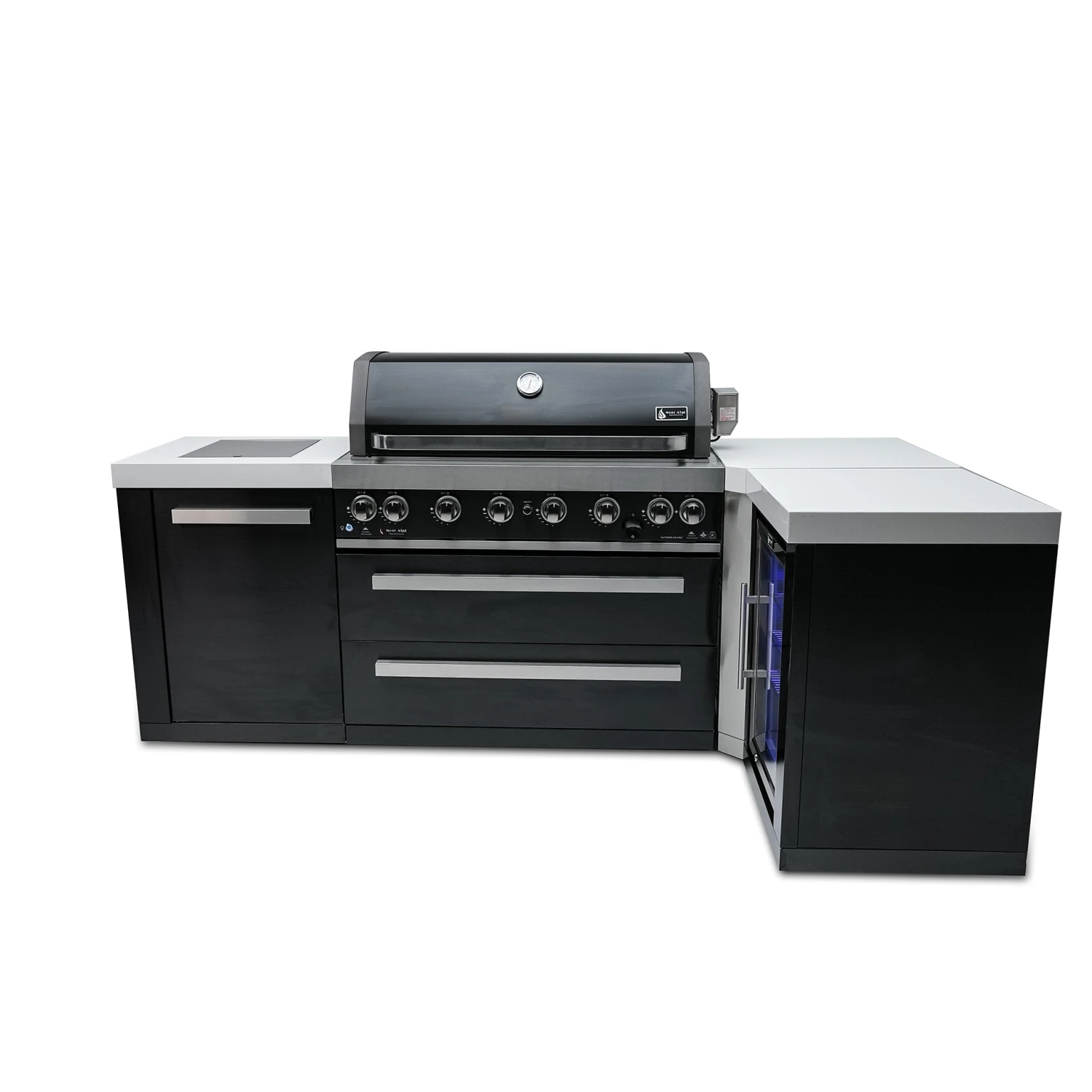 Mont Alpi 805 Black Stainless Steel BBQ Grill Island with 90 Degree Corner & Fridge Cabinet - MAi805-BSS90FC Mont Alpi 805 Black Stainless Steel BBQ Grill Island With 90 Degree Corner & Fridge Cabinet - MAi805-BSS90FC -Elite Patio Direct Shop mai805bss90fcfront