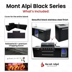 Mont Alpi 805 Black Stainless Steel BBQ Grill Island With Beverage Center - MAi805-BSSBEV 2 Mont Alpi 805 Black Stainless Steel BBQ Grill Island With Beverage Center - MAi805-BSSBEV -Elite Patio Direct Shop mont alpi black whats included 1 5