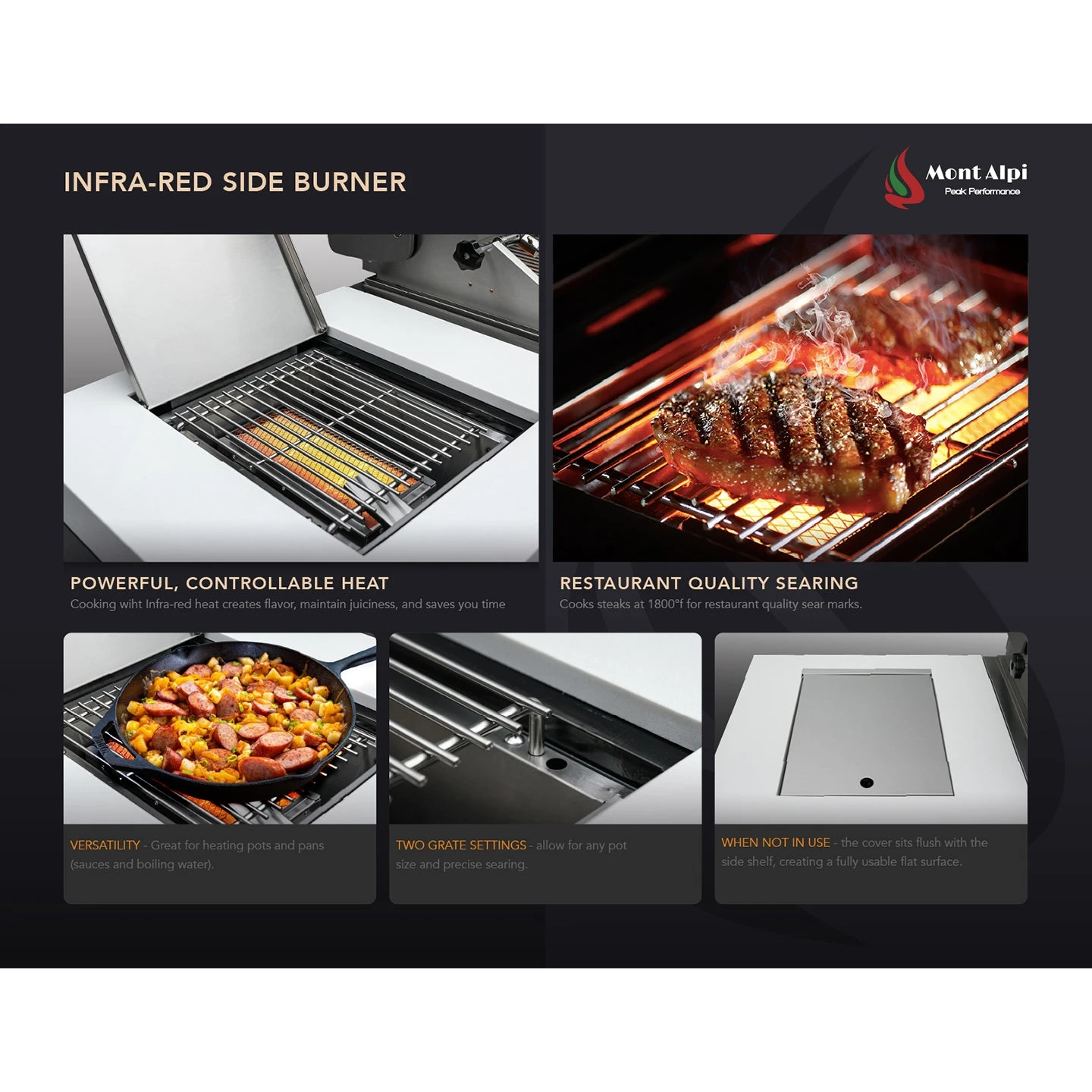 Mont Alpi 805 Black Stainless Steel BBQ Grill Island with 90 Degree Corner - MAi805-BSS90C Mont Alpi 805 Black Stainless Steel BBQ Grill Island With 90 Degree Corner - MAi805-BSS90C -Elite Patio Direct Shop montalpiinfraredsideburnerfeatures 23c33de9 de5c 4edf 951d 9fbe7ff101ed